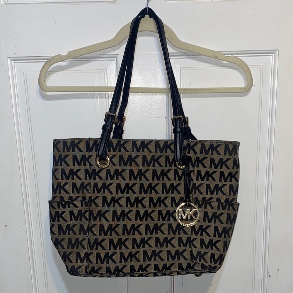 Michael Kors Imitated Brown and Black Signature Tote with Gold Hardware